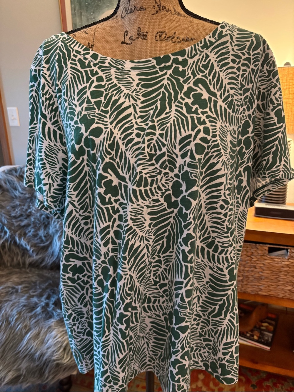 Talbots Green and White Botanical Short Sleeve Tee